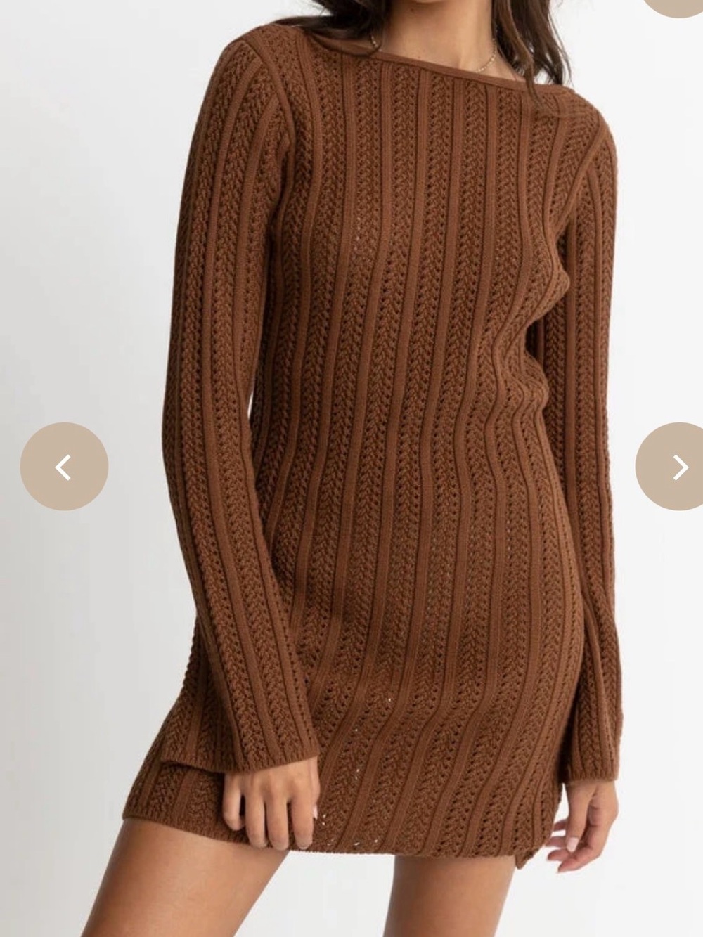 Rhythm Charlize Long Sleeve Knit Dress Brown Open Back Crochet Boho Festival